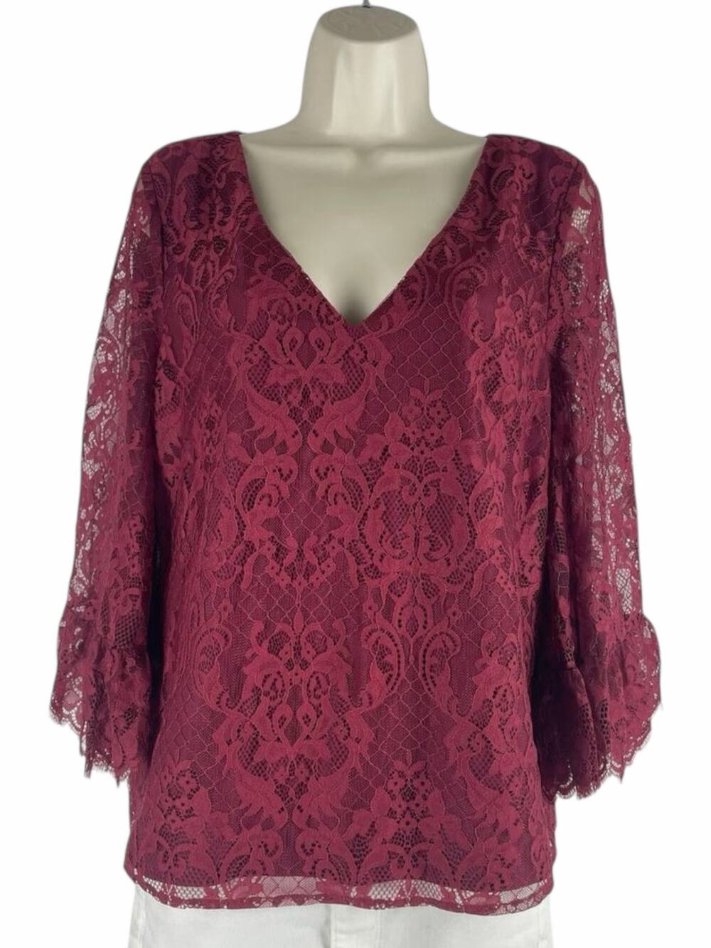 Modcloth V Neck Lace 3/4 Bell Sleeve Top Blouse Red Size M